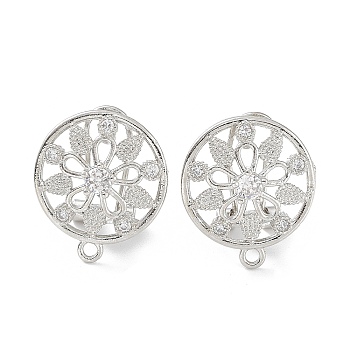 Hollow Flower Brass Micro Pave Cubic Zirconia Stud Earrings Finding, with Horizontal Loops, Cadmium Free & Lead Free, Platinum, 18.5x16mm, Hole: 1.2mm, Pin: 0.8mm
