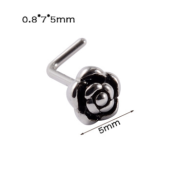 304 Stainless Steel L Shaped Flower Nose Studs, Antique Silver, 5mm