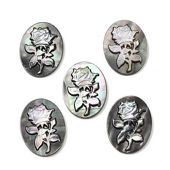 Natural Black Lip Shell Carved Cabochons, Oval with Flower, 20x15x3mm