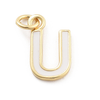 Rack Plating Brass Pendants, with Enamel and Jump Ring, Cadmium Free & Lead Free, Long-Lasting Plated, Real 18K Gold Plated, Letter, Letter U, 11.5x7x1mm, Hole: 2.5mm