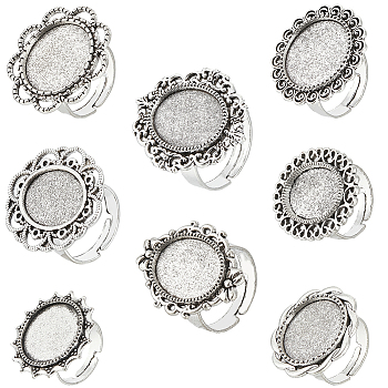 16Pcs 8 Style Adjustable Alloy Finger Rings Components, Bezel Cup Ring Settings, Flower & Oval & Sun, Antique Silver, Inner Diameter: 17mm, Tray: 13x18mm, 2Pcs/style