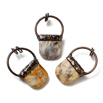 Natural Crazy Agate Pendants, Red Copper Tone Brass Square Charms with Jump Rings, 45~48x30~31x10~11mm, Hole: 6.5mm