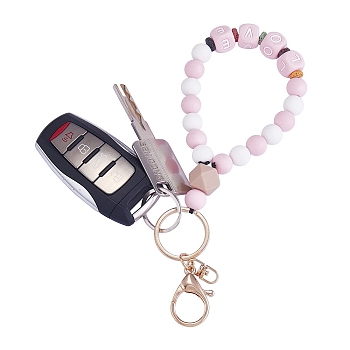 Silicone Round Beaded Keychain Wristlet, Letter Love Natural Lava Rock Beads Keychain, with Alloy Keychain Clasps Finding, Pink, 20.08cm