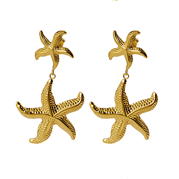 304 Stainless Steel Dangle Stud Earrings, Starfish, Real 18K Gold Plated, 56x31mm