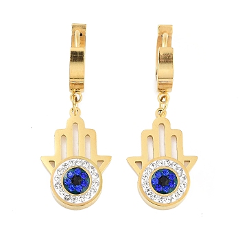 Hamsa Hand with Evil Eye 304 Stainless Steel Dangle Earrings, Glass and Rhinestone Hoop Earrings for Women, Real 18K Gold Plated, 36.5x14mm