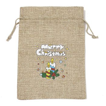 Christmas Printed Burlap Packing Pouches Drawstring Bags, Rectangle, Tan, Candle, 18x13x0.01cm