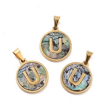 Vacuum Plating 304 Stainless Steel with Paua Shell Pendants, Golden, Flat Round with Letter Charm, Letter.U, 18x16x1.5mm, Hole: 3x6mm