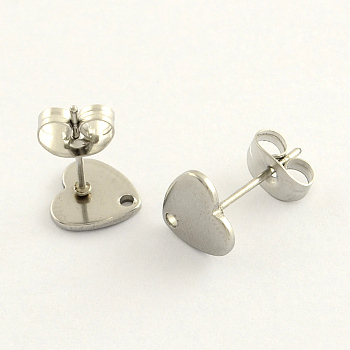 304 Stainless Steel Heart Stud Earring Findings, with Loop and Flat Plate, Stainless Steel Color, 8x8mm, Hole: 1mm, pin: 0.8mm