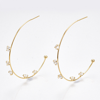 Brass Cubic Zirconia Stud Earrings, Half Hoop Earrings, Nickel Free, Real 18K Gold Plated, 48x48.5x4.5mm, Pin: 0.7mm