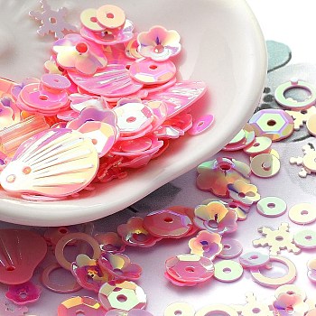 Rainbow Iridescent PVC Paillette/Sequins Beads & Links & Pendants, Mixed Shapes, Flower/Snowflake/Oval, Pink, 4~20x4~20x0.3~6mm, Hole: 0.8~4mm, about 131pcs/bag