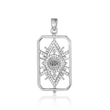 Brass Micro Pave Cubic Zirconia Pendants, Rectangle with Horse Eye Charms, Platinum, 32x17x3mm