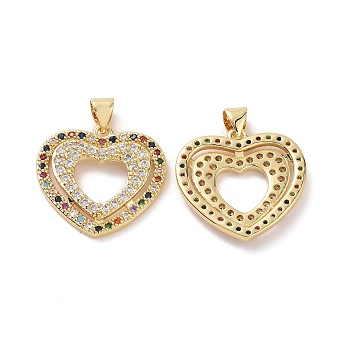 Brass Cubic Zirconia Pendants, Hollow Heart Charm, Real 18K Gold Plated, 21x22x3.5mm, Hole: 3.5x5mm