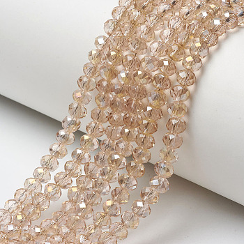 Electroplate Transparent Glass Beads Strands, Half Rainbow Plated, Faceted, Rondelle, Bisque, 4x3mm, Hole: 0.4mm, about 123~127pcs/strand, 16.5~16.9 inch(42~43cm)