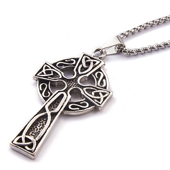 Titanium Steel Claddagh Cross Pendant Necklaces, with Box Chains, Antique Silver & Platinum, 23.62 inch(60cm)