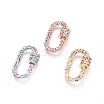 Brass Micro Pave Cubic Zirconia Screw Carabiner Lock Charms, for Necklaces Making, Oval, Colorful, Mixed Color, 28.5x17x7.5mm(ZIRC-L085-08)