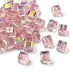Electroplated Glass Beads, Cube, Faceted, Half Plated, Pink, 7x7x7mm, Hole: 1.6mm(EGLA-G040-01A-AB02)