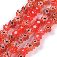 Handmade Millefiori Glass Bead Strands, Flower, Red, 3.7~5.6x2.6mm, Hole: 1mm, about 88~110pcs/Strand, 15.75''(40cm)(LAMP-J035-4mm-07)
