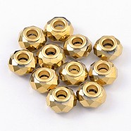 Glass European Beads, Electroplate Style, with Golden Plated Brass Double Cores, Faceted, Rondelle, Goldenrod, 14x9mm, Hole: 5mm(GPDL-Q007-1)