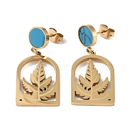 Leaf 304 Stainless Steel Stud Earrings, Synthetic Turquoise Dangle Earrings for Women, Real 18K Gold Plated, 34x15mm(EJEW-L283-030G)