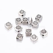 Tibetan Style Alloy Beads, Lead Free & Nickel Free & Cadmium Free, Rhombus, Antique Silver, about 6mm long, 6.5mm wide, 3mm thick, hole: 1mm(X-LF0139Y-NF)