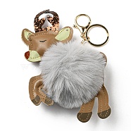 Imitation Rex Rabbit Fur & PU Leather Christmas Reindeer Pendant Keychain, with Alloy Clasp, for Bag Car Pendant Decoration, Gainsboro, 15cm(KEYC-K018-02KCG-01)