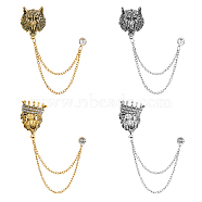 SUPERFINDINGS 4Pcs 4 Styles Alloy Hanging Chains Collar Pins Tie Clips, Leopard Head, Antique Silver & Antique Golden, no size, 1pc/style(JEWB-FH0001-54)