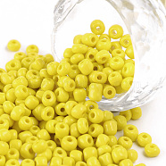 Glass Seed Beads, Opaque Colours Seed, Round, Yellow, Size: about 4mm in diameter, hole:1.5mm, about 1000pcs/100g(X1-SEED-A010-4mm-42)