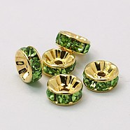 Brass Grade A Rhinestone Spacer Beads, Golden Plated, Rondelle, Nickel Free, Peridot, 8x3.8mm, Hole: 1.5mm(RSB038NF-10G)