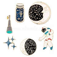 6Pcs 6 Style Alloy Enamel Brooches, Enamel Pin, with Brass Butterfly Clutches, Flat Round & Bottle & Star & Spaceman & Telescope, Light Gold, Mixed Color, 22~35x9~23x2mm, Pin: 1mm, 1pc/style(JEWB-LS0001-25)