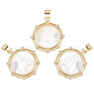 3Pcs Eco-friendly Brass Micro Pave Clear Cubic Zirconia Pendants, with Natural Shell, Long-Lasting Plated, Real 18K Gold Plated, Cadmium Free & Lead Free, Flat Round, Floral White, 24.5x21x3mm, Hole: 4.5x3.6mm(KK-SZ0005-58)