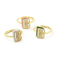 Mixed Color Enamel Initial Letter Adjustable Ring with Clear Cubic Zirconia, Real 18K Gold Plated Brass Jewelry for Women, Cadmium Free & Lead Free, Letter.B, US Size 5 1/4(16mm), Letter.B: 13x9.5mm(RJEW-P045-01G-B)
