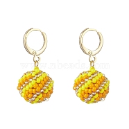 Handmade MIYUKI Japanese Seed Braided Round Ball Dangle Leverback Earrings, Real 18K Gold Plated Brass Jewelry for Women, Yellow, 31.5~32mm, Pin: 1mm(EJEW-MZ00073-02)