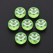 Transparent Acrylic Beads, with Glitter Powder, Flat Round with White Enamel Smile Face, Pale Green, 10x5mm, Hole: 2mm(X-MACR-N008-55-D03)