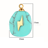Synthetic Turquoise Pendants, Oval Charms, with Golden Tone Stainless Steel Lightning Slice, 17~18x11~12x3.5~4.3mm(FIND-PW0015-02A-01)