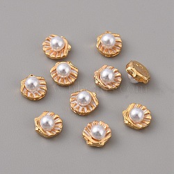 Alloy Enamel Cabochons, with Plastic Imitation Pearl Beads, Nail Art Decoration Accessories, Golden, Shell Shapes, White, 5x6x3.5mm(MRMJ-WH0064-46B)