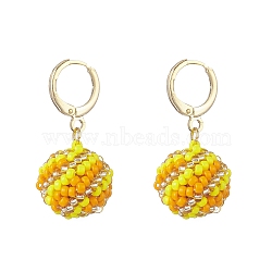 Handmade MIYUKI Japanese Seed Braided Round Ball Dangle Leverback Earrings, Real 18K Gold Plated Brass Jewelry for Women, Yellow, 31.5~32mm, Pin: 1mm(EJEW-MZ00073-02)