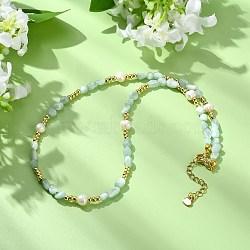 Natural Glass Tumbled Stone, Nuggets & Potato Pearl & Brass Beaded Necklaces for Women, Golden, 16.69 inch(42.4cm)(NJEW-JN06287)