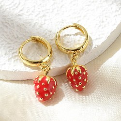 Brass Hoop Earrings, with Enamel, Real 18K Gold Plated, Strawberry, 28.5x9.5mm(EJEW-S251-04B-G)