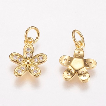 Brass Micro Pave Cubic Zirconia Charms, Flower, Golden, 15x10x2mm, Hole: 3mm