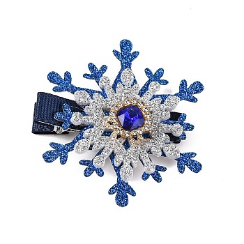 Christmas Party Hair Accessories, Snowflake Cloth Rhinestone Alligator Hair Clip, with Iron Clip, Royal Blue, 59.4x56x13.8mm