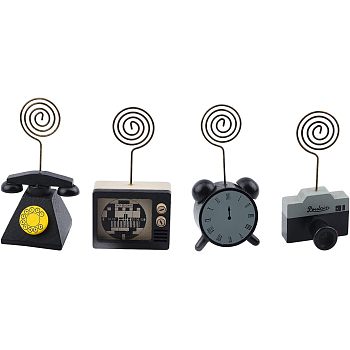 Wooden Message Clip, with Metal Finding, Clock & Phone & Camera & Televion, Mixed Color, 4pcs/set