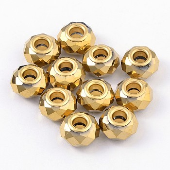 Glass European Beads, Electroplate Style, with Golden Plated Brass Double Cores, Faceted, Rondelle, Goldenrod, 14x9mm, Hole: 5mm