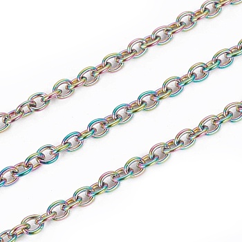 Ion Plating(IP) 304 Stainless Steel Cable Chains, with Spool, Soldered, Oval, Rainbow Color, 2.5x1.5~2x0.5mm, about 32.8 Feet(10m)/roll