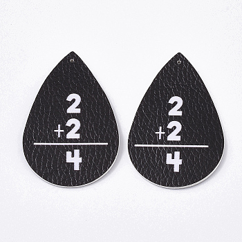 PU Leather Big Pendants, Single-Sided, teardrop, with Word, Black, 56x36.5x2mm, Hole: 1.2mm