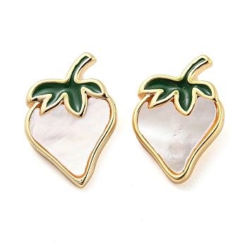Natural Freshwater Shell Fruit Charms, Brass Enamel Strawberry Charms, Real 18K Gold Plated, 15x10x5mm, Hole: 3.5x1.5mm