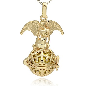 Golden Tone Brass Hollow Round Cage Pendants, with No Hole Spray Painted Brass Round Beads, Round with Angel, Dark Khaki, 47x30x21mm, Hole: 3x8mm