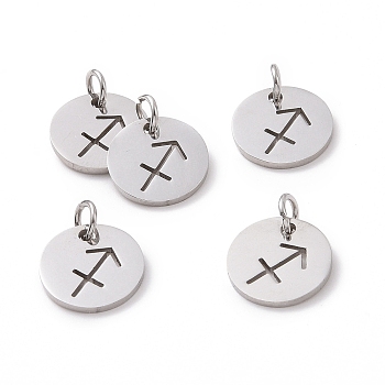 304 Stainless Steel Charms, Flat Round with Constellation/Zodiac Sign, Sagittarius, 12x1mm, Hole: 3mm