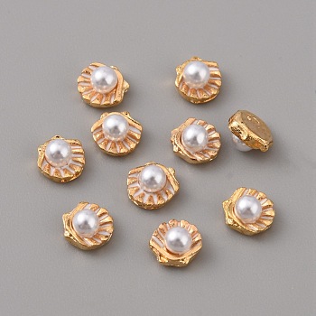 Alloy Enamel Cabochons, with Plastic Imitation Pearl Beads, Nail Art Decoration Accessories, Golden, Shell Shapes, White, 5x6x3.5mm