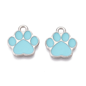 Alloy Enamel Pendants, Platinum, Lead Free & Cadmium Free, Paw Print Charm, Sky Blue, 15.5x14x1mm, Hole: 2mm