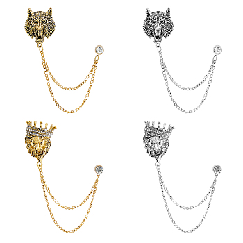 SUPERFINDINGS 4Pcs 4 Styles Alloy Hanging Chains Collar Pins Tie Clips, Leopard Head, Antique Silver & Antique Golden, no size, 1pc/style